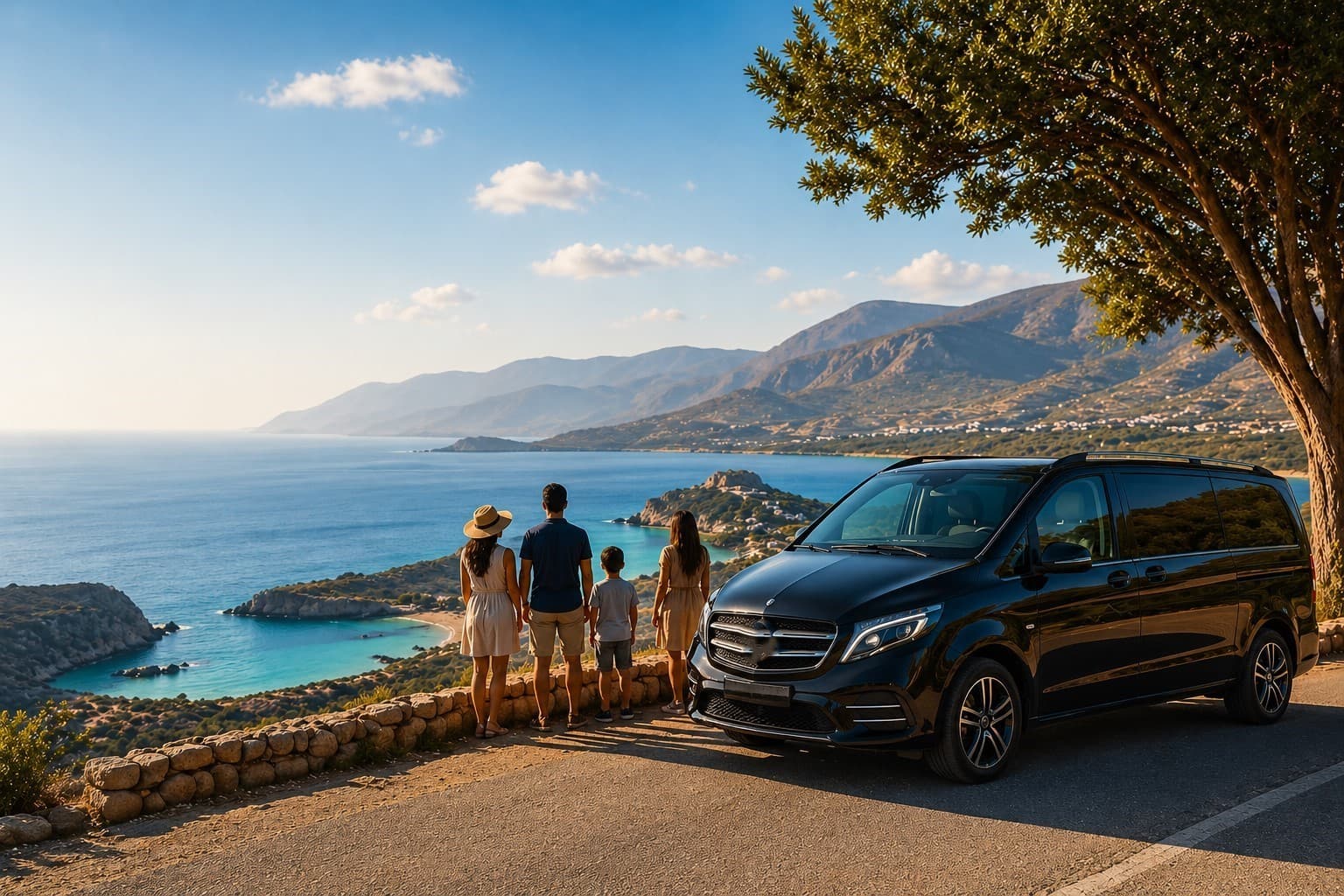 Family overlooking the Cretan coast beside our private minivan